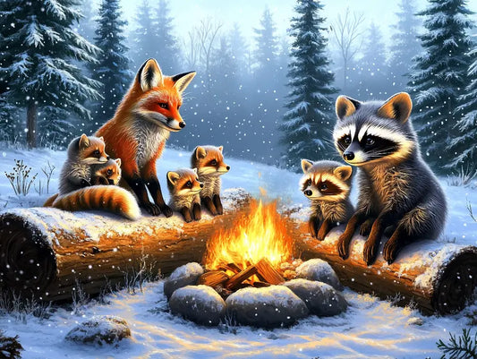 Fototapete Kinderzimmer Waldtiere am Lagerfeuer Detailansicht – Dunkelblau, Schneweiss, Fuchsorange, Feuergelb, Braun, sel...