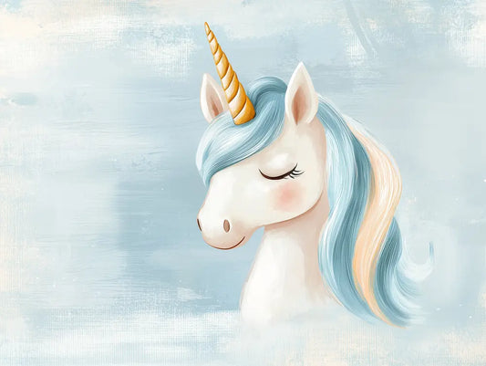 Fototapete Kinderzimmer Traeuemendes Einhorn Detailansicht – Hellblau, Creme, Gold, Weiß, Rosa, selbstklebend