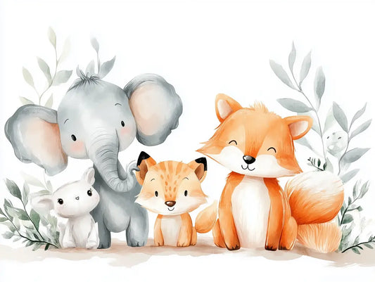 Fototapete Kinderzimmer Elefant Fuchs Tierfreunde Detailansicht – Weiß, Grau, Orange, Salbeigrün, Beige, selbstklebend