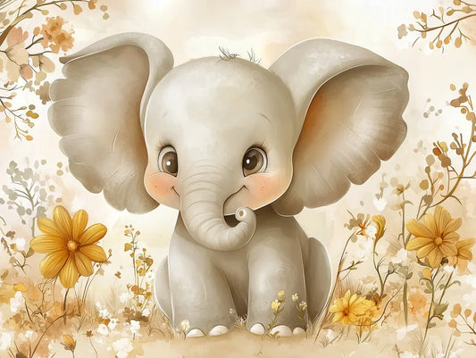 Fototapete Kinderzimmer Elefant mit Blueten Detailansicht – Warmgrau, Goldgelb, Creme, Beige, Sandfarben, selbstklebend