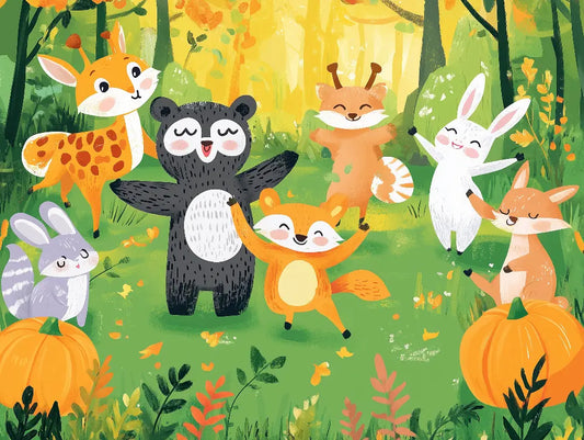 Fototapete Kinderzimmer Herbst-Waldparty Tiere Detailansicht – Grün, Orange, Gelb, Schwarz, Weiß, selbstklebend