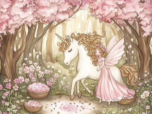 Einhornzauber im Kirschblütenwald Kinderzimmer selbsklebende Fototapete