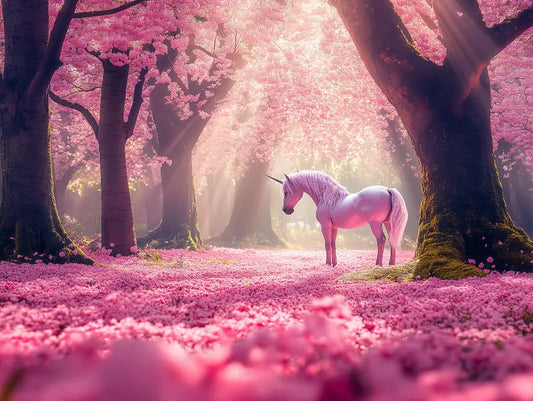 Fototapete Kinderzimmer Einhorn Kirschbluetenwald Detailansicht – Pink, Magenta, Rosa, Lila, Braun, selbstklebend