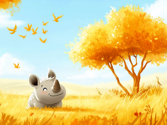 Kleines Nashorn im Sonnengras Kinderzimmer selbsklebende Fototapete