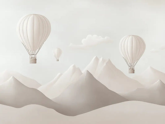 Fototapete Kinderzimmer Heissluftballons Berge Detailansicht – Beige, Creme, Weiß, Hellgrau, selbstklebend