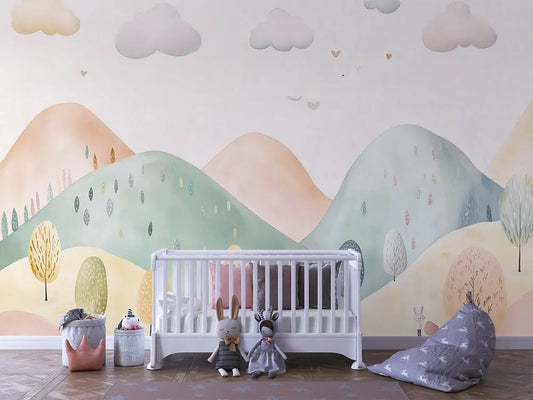 Fototapete Kinderzimmer Pastell-Huegellandschaft Detailansicht – Mintgrün, Pfirsich, Rosa, Beige, Hellblau, Gelb, selbstkl...
