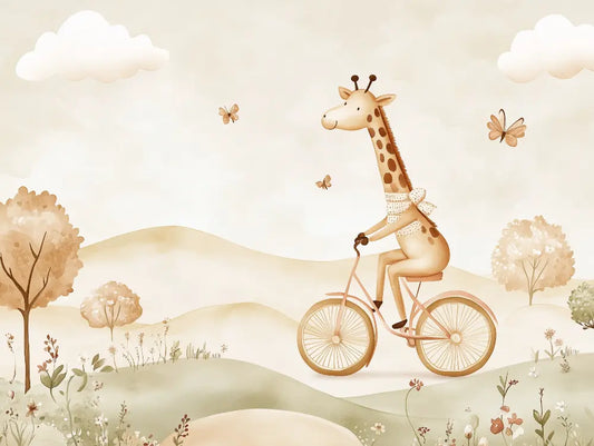 Fototapete Kinderzimmer Giraffe Fahrradfahrt Detailansicht – Warmbeige, Sand, Creme, Hellbraun, Blassgruen, selbstklebend