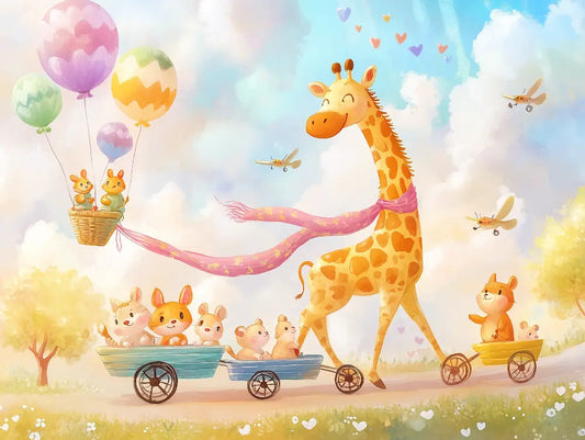 Fototapete Kinderzimmer Giraffe Ballonkorb Detailansicht – Pastellgelb, Zartrosa, Lavendel, Mintgruen, Himmelblau, selbstk...