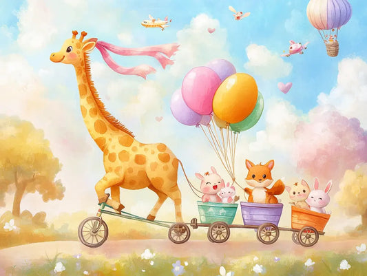 Fototapete Kinderzimmer Giraffe mit Ballonwagen Detailansicht – Pastellblau, Rosa, Gelb, Orange, Lila, Grün, selbstklebend