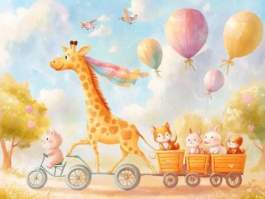 Fototapete Kinderzimmer Giraffe Luftballonparade Detailansicht – Sonnengelb, Rosa, Himmelblau, Orange, Tuerkis, Zartrosa, ...