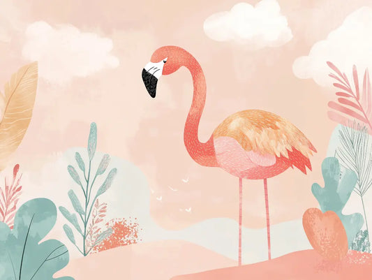 Fototapete Kinderzimmer Flamingo Pastellwelt Detailansicht – Pfirsich, Korallenrosa, Mintgruen, Cremeweiss, Lachsorange, s...