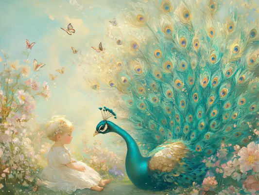 Fototapete Kinderzimmer Pfau Schmetterlings-Maedchen Detailansicht – Tuerkis, Gold, Pfirsich, Zartrosa, Mintgruen, Cremege...