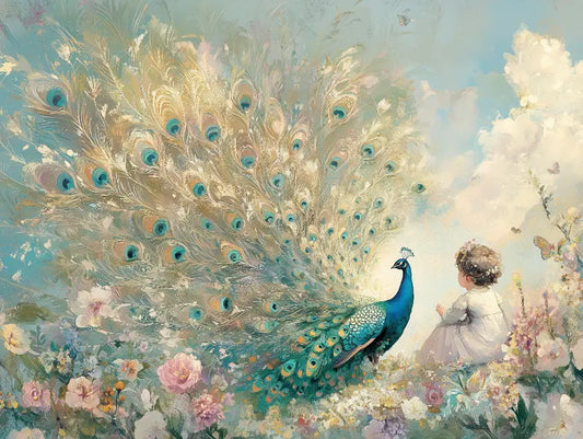 Fototapete Kinderzimmer Pfau Maedchen Garten Detailansicht – Tuerkis, Gold, Blau, Creme, Rosé, selbstklebend