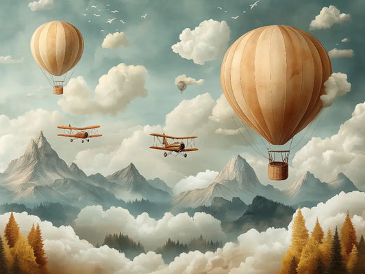 Fototapete Kinderzimmer Heissluftballon Bergabenteuer Detailansicht – Tuerkis, Beige, Gold, Creme, Graublau, selbstklebend