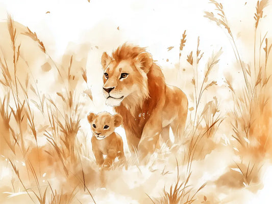 Fototapete Kinderzimmer Loewe mit Jungtier Detailansicht – Gold, Sepia, Creme, Bernstein, Sandfarben, selbstklebend