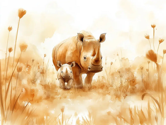 Fototapete Kinderzimmer Nashorn-Mutter und Kind Detailansicht – Bernstein, Gold, Creme, Ocker, Sandgelb, selbstklebend