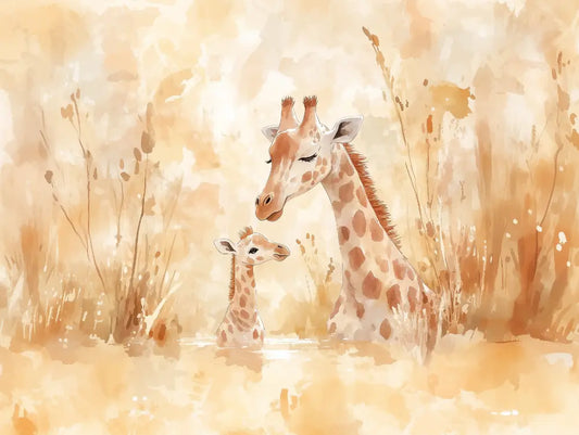 Fototapete Kinderzimmer Giraffenmutter Savanne Detailansicht – Goldgelb, Ocker, Bernstein, Warmbraun, Cremeweiss, selbstkl...