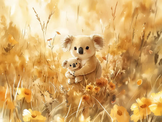 Fototapete Kinderzimmer Koala-Mama Blumenfeld Detailansicht – Gold, Bernstein, Beige, Braun, Orange, selbstklebend