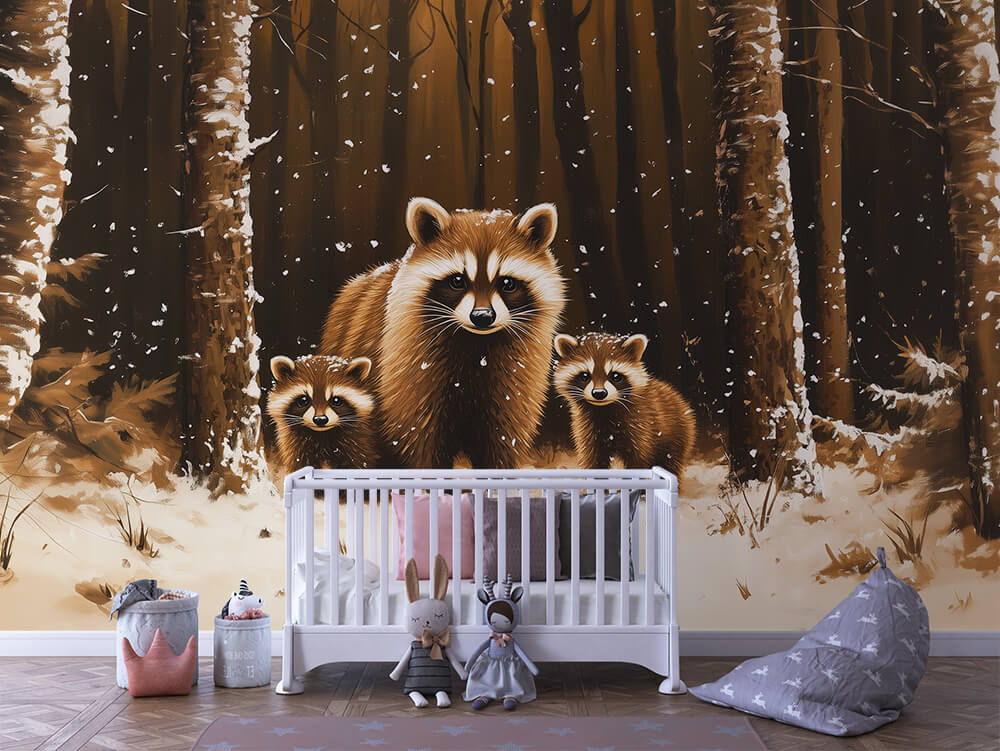 Winterwald der Waschbären Kinderzimmer selbsklebende Fototapete
