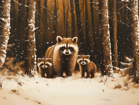 Fototapete Kinderzimmer Waschbaerfamilie Winter Detailansicht – Dunkelbraun, Schwarz, Beige, Weiß, Sepia, selbstklebend