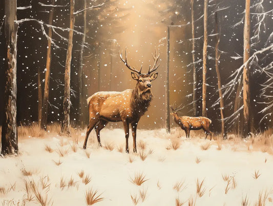 Fototapete Kinderzimmer Hirsche Winterwald Detailansicht – Dunkelbraun, Gold, Weiss, Schwarz, Warmbeige, Kupfer, selbstkle...