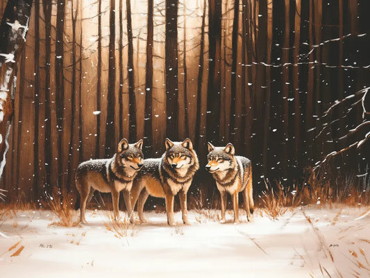 Fototapete Kinderzimmer Wolfsrudel Winterwald Detailansicht – Braun, Gold, Dunkelbraun, Weiß, Schwarz, selbstklebend