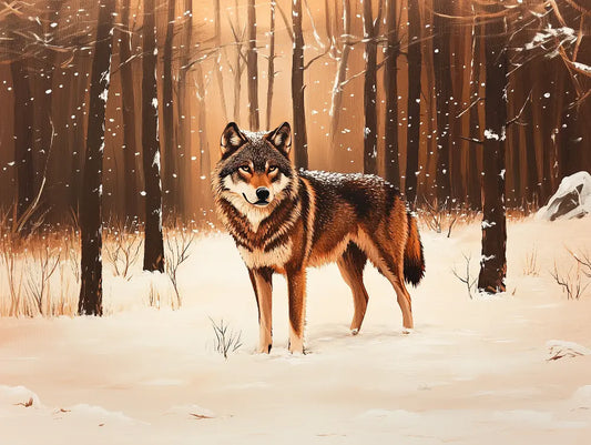 Fototapete Kinderzimmer Wolf im Winterwald Detailansicht – Braun, Bernstein, Creme, Weiß, Gold, selbstklebend