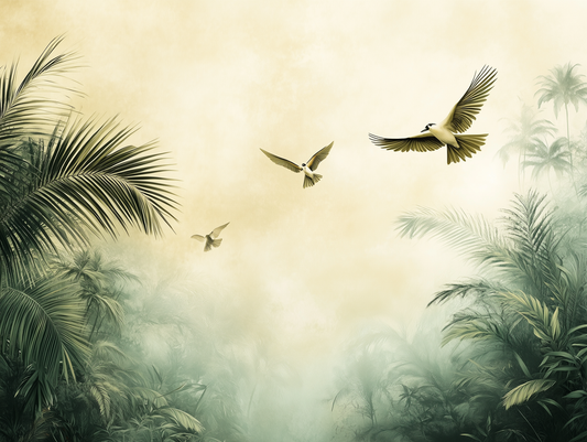 Wandbild mit Heißluftballons und Retro-Doppeldeckern über Berglandschaft – zarte Farben und nostalgischer Flair für stilvolle Kinderzimmer voller Fantasie.