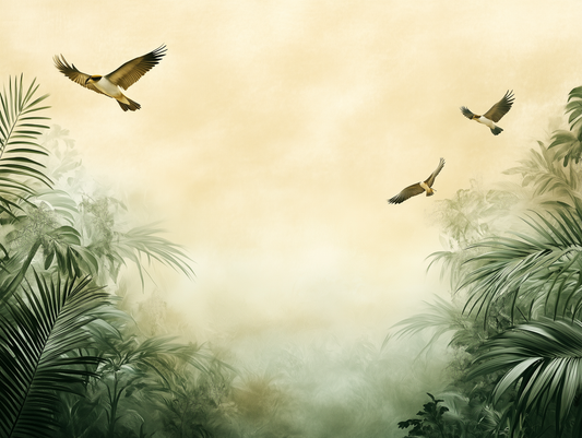 Fototapete Golden Canopy » tropische Leichtigkeit & fliegende Vögel für natürliche Wohlfühlräume schneller Versand Made in Germany von PCC FoliaConcept