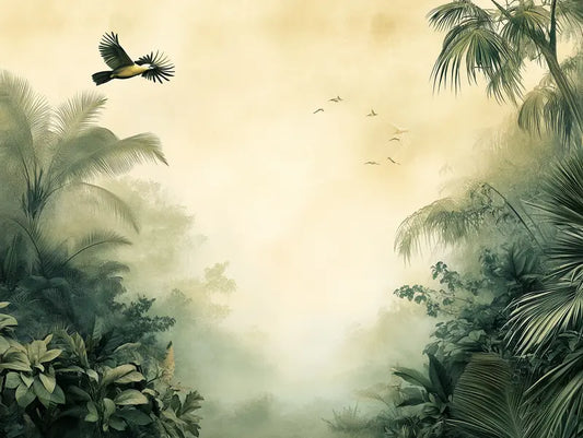 Fototapete Dschungel Morgennebel im Dschungel Nahansicht – Nebelgruen, Salbei, Hellgrau, Weiss, selbstklebend