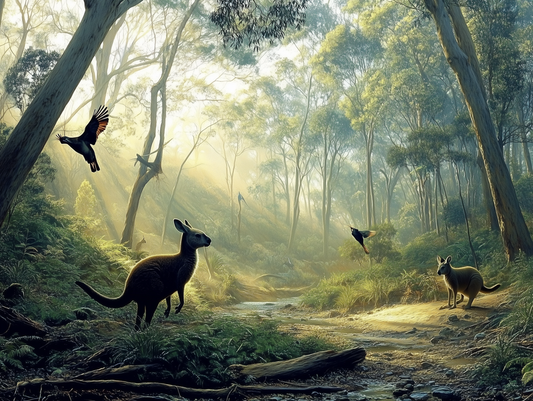 Fototapete Wildlight Forest » australische Waldszenerie mit Kängurus & Sonnenlicht für natürliche Raumtiefe schneller Versand Made in Germany von PCC FoliaConcept