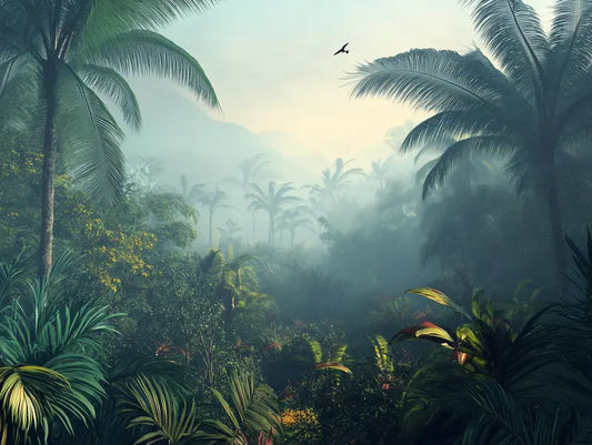 Fototapete Dschungel Tropischer Urwald im Nebel Nahansicht – Nebelgruen, Dunkelgruen, Grau, Weiss, selbstklebend