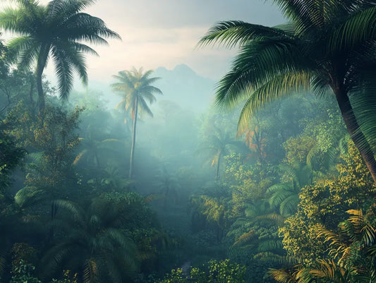 Fototapete Dschungel Stiller Regenwald Nahansicht – Dunkelgruen, Moosgruen, Hellgold, selbstklebend