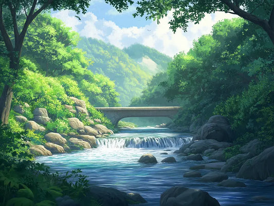 Fototapete Wald Steinbruecke am Waldbach Nahansicht – Waldgruen, Wasserblau, Steingrau, Gold, selbstklebend