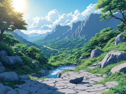 Fototapete Landschaft Sonniges Bergtal Nahansicht – Wiesengruen, Himmelblau, Weiss, Hellbraun, selbstklebend