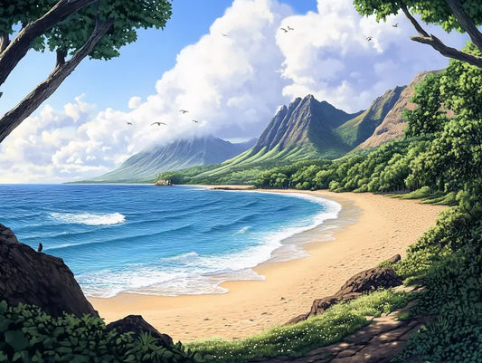 Fototapete Landschaft Tropischer Sandstrand Nahansicht – Tuerkis, Sandbeige, Gruen, Himmelblau, selbstklebend