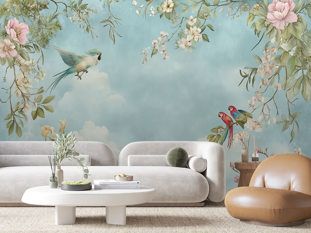 Fototapete Floral Skies » verspielte Vögel & florale Leichtigkeit für träumerische Wandgestaltung schneller Versand Made in Germany von PCC FoliaConcept