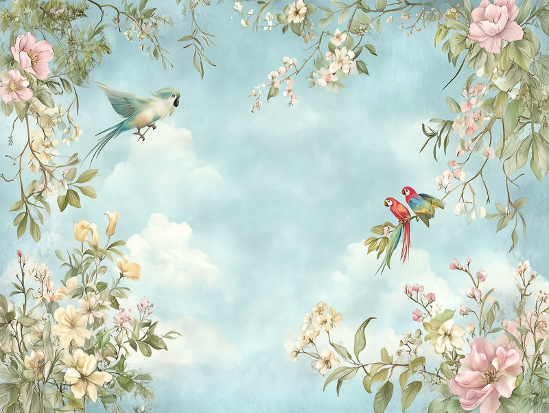Fototapete Floral Skies » verspielte Vögel & florale Leichtigkeit für träumerische Wandgestaltung schneller Versand Made in Germany von PCC FoliaConcept