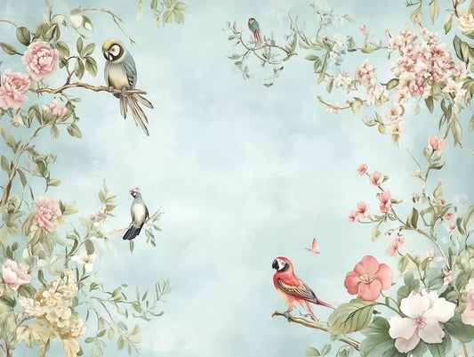 Fototapete Landschaft Singende Gartenvoegel Nahansicht – Pastellgruen, Zartrosa, Hellbraun, selbstklebend