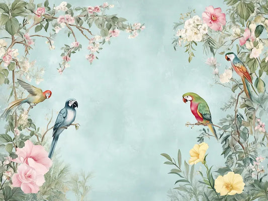 Fototapete Dschungel Exotische Papageien & Blueten Nahansicht – Papageienrot, Gruen, Rosa, Gold, selbstklebend