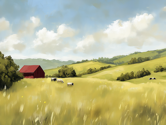 Fototapete Golden Fields » ländliche Hügellandschaft mit Weide & Farmhaus für gemütliche Natürlichkeit schneller Versand Made in Germany von PCC FoliaConcept