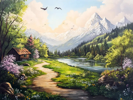 Fototapete Landschaft Alpenmorgen am Bergsee Nahansicht – Himmelblau, Weiss, Zartrosa, Gruen, selbstklebend