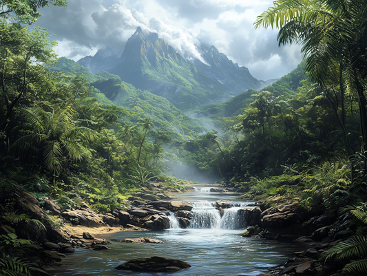 Fototapete Jungle Falls » tropischer Wasserlauf mit Urwald & Bergen für starke Naturwirkung im Raum schneller Versand Made in Germany von PCC FoliaConcept