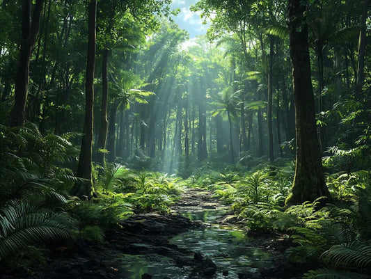 Fototapete Dschungel Sonnenlicht im Regenwald Nahansicht – Tiefgruen, Sonnengold, Moosgruen, Braun, selbstklebend
