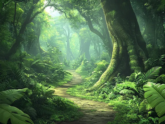 Fototapete Dschungel Verwunschener Dschungelpfad Nahansicht – Tiefgruen, Goldlicht, Moosgruen, Braun, selbstklebend