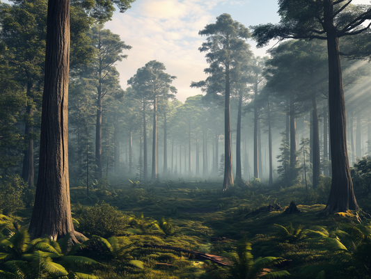Fototapete Morgenlicht im Riesenwald » Sonnenstrahlen im Tannenwald der Giganten Beruhigend & imposant In Premiumdruck erhältlich bei PCC FoliaConcept