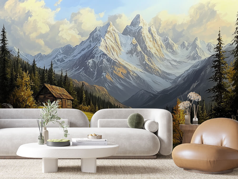 Fototapete Herbstglanz in den Alpen » Gemütliche Hütte vor Bergpanorama Warme Herbstfarben & Naturstimmung Jetzt entdecken bei PCC FoliaConcept