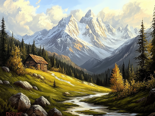 Fototapete Herbstglanz in den Alpen » Gemütliche Hütte vor Bergpanorama Warme Herbstfarben & Naturstimmung Jetzt entdecken bei PCC FoliaConcept