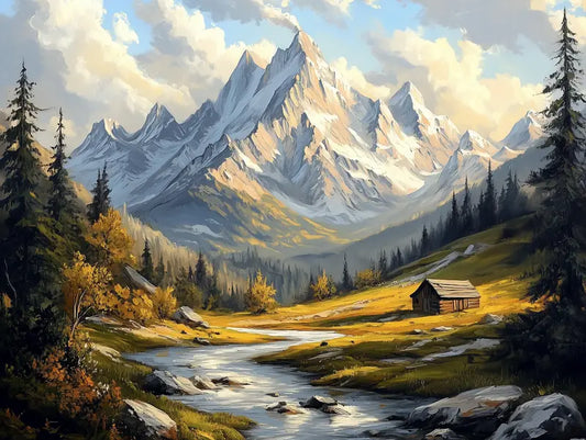 Fototapete Landschaft Berghuette im Goldlicht Nahansicht – Gold, Warmbraun, Gruen, Weiss, selbstklebend