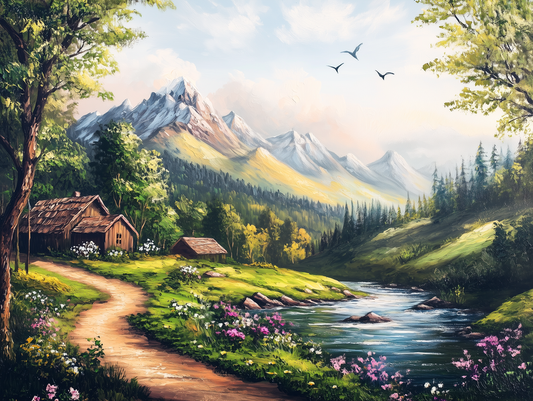 Fototapete Sommerhütte im Alpenpanorama » Rustikale Bergidylle mit Bachlauf Sanfte Farben Exklusiv bei PCC FoliaConcept